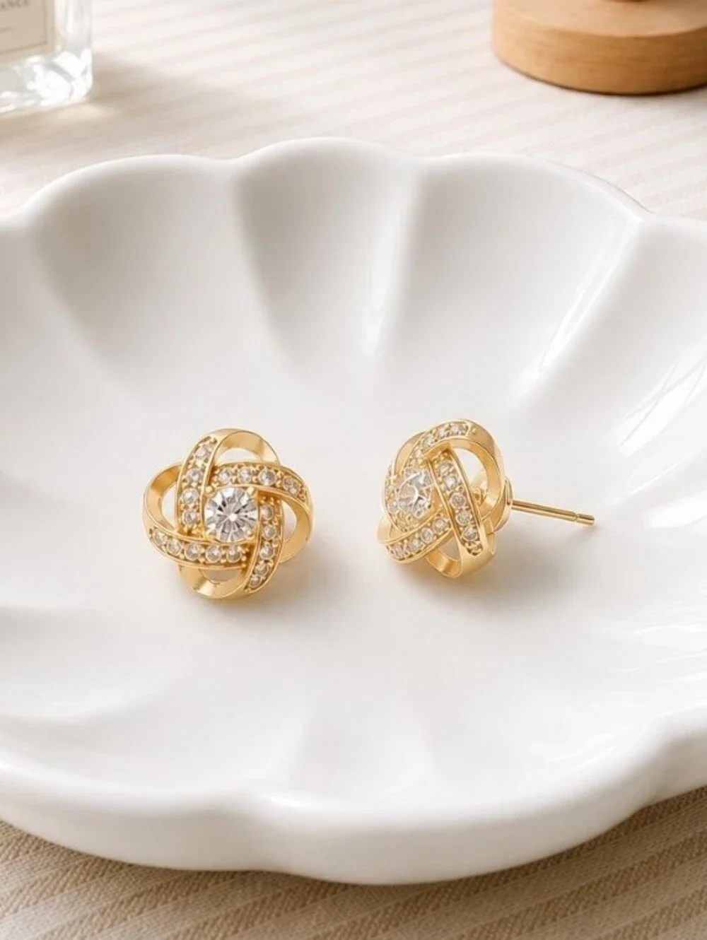 Gold Twisted Knot Crystal Earrings Stud Post